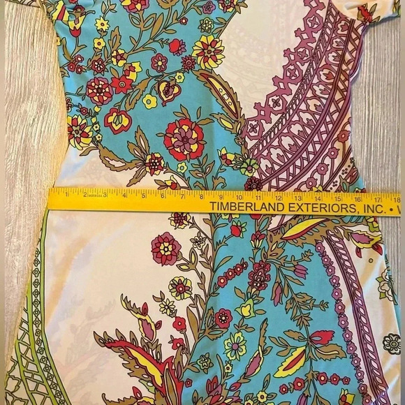 Donna Morgan Dress Abstract Floral Print Pastel Colors Boat Neck Stretch Size 4 - Picture 8 of 8